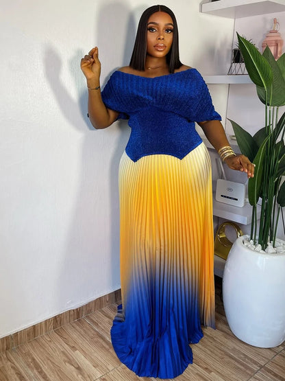 Women Plus Size Gradient Color Long Skirts And Tops Pleated 2 Piece Outfit Luxury Dubai Prom 2025 Casual For Female Fashion Sets.