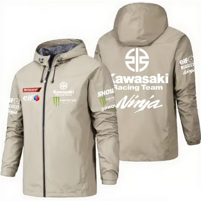 Racing team jacket with Kawasaki logo, men's waterproof and windproof sportswear, 2025 new outdoor sports fashionable fan jacket.