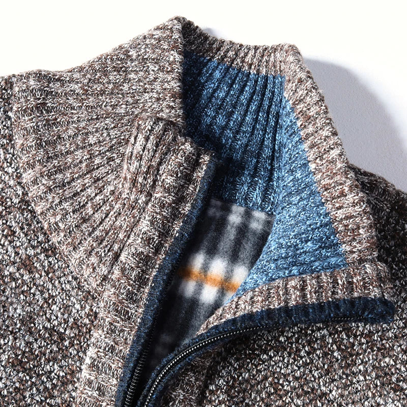 New Men's Casual High Collar Long Sleeve Knitted Top with Velvet Warmth for Autumn and Winter Fashion Multi Functional Jacket