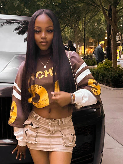 Weird Puss Fake Two Piece Pullover Women Trend Contrast Number Print Patchwork Long Sleeve Autumn Casual Simple Streetwear Tops.