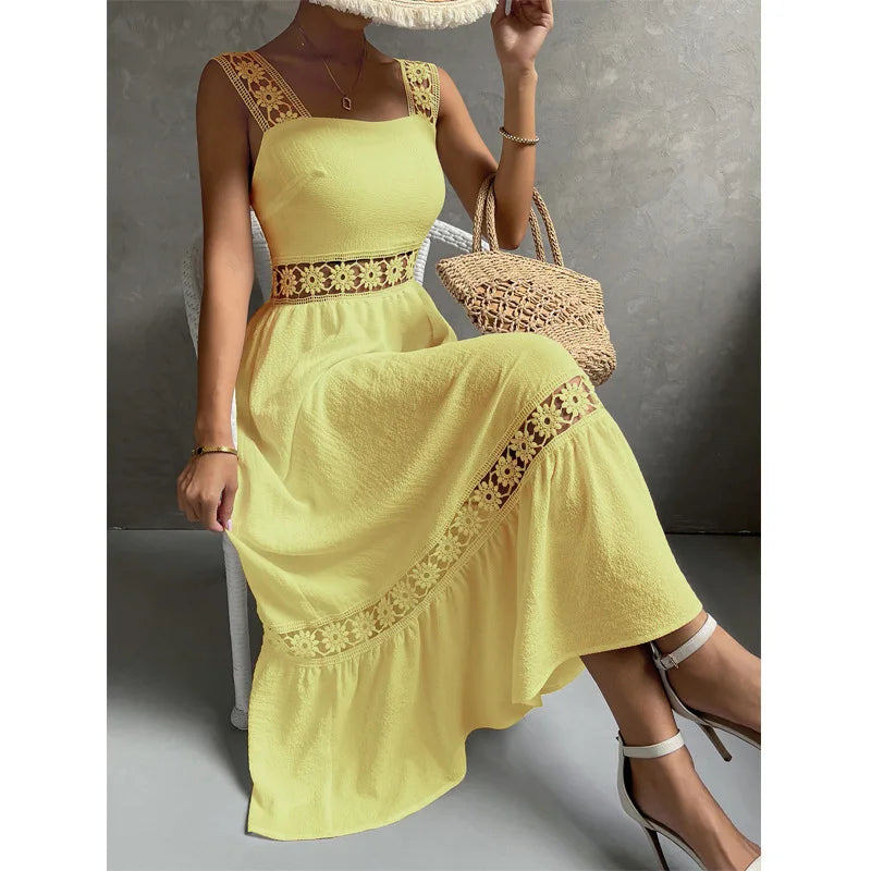 Weiße Lange Kleid Frauen Sommer Sexy Sleeveless Backless Maxi Kleider Damen Elegante Hohle Heraus Spitze Kleid Boho Sommerkleid Vestidos