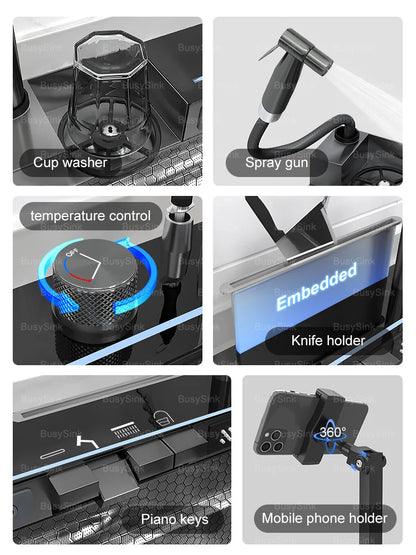 Household Digital Display Piano Button Waterfall Faucet Stainless Steel Kitchen Sink Large Single Bowl Multifunctional Wash Slot