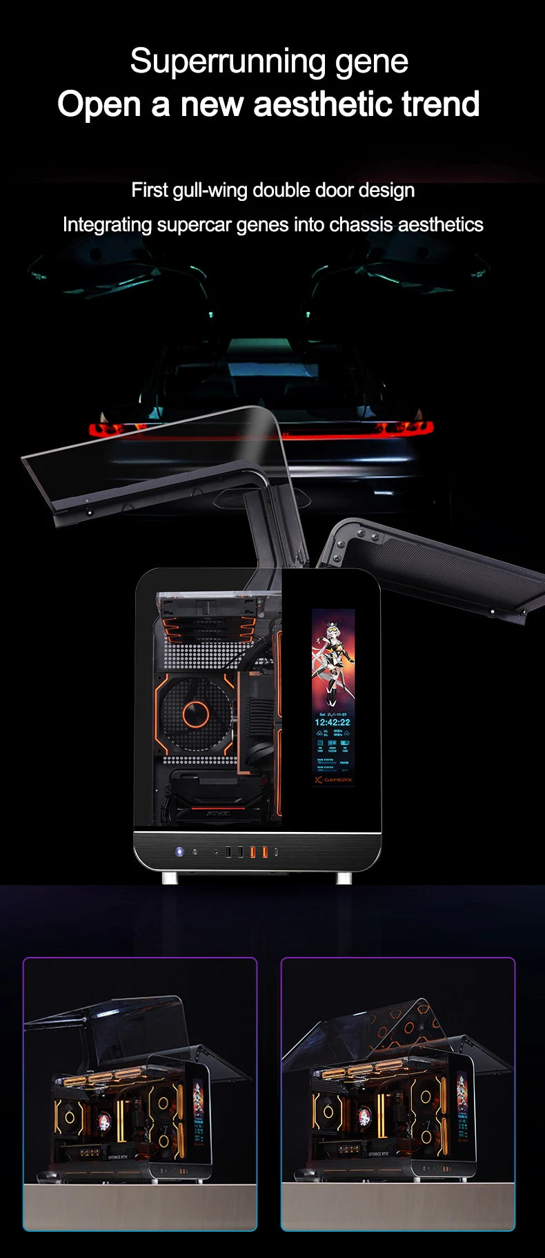 X-GAMERX HUANYI WING MATX Seaview room Case Vertical Desktop Computer 360 Water-cooled Chassis TYPE-C Interface With Screen.