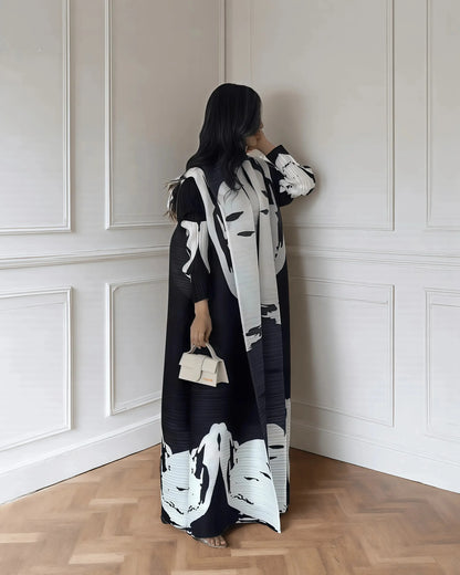 Langer Herbstmantel für Damen, Retro-bedruckt, langärmelig, muslimisches Abaya, Saudi-Mode, faltiger Taillengürtel.