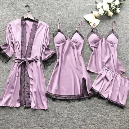 4PCS Nachtwäsche Pyjamas Set Seide Frauen Nachthemd Spitze Kleid Robe Schlaf Nachtwäsche Seide Einfarbig Pijama Sets.