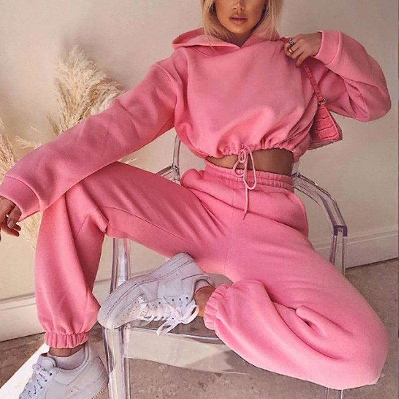 2025 Autumn Winter Women Sweatshirt Set Solid Color Casual Simple Hooded 2 Piece Outfit Set Fashion Gym Jogging  Woman Pant Sets.