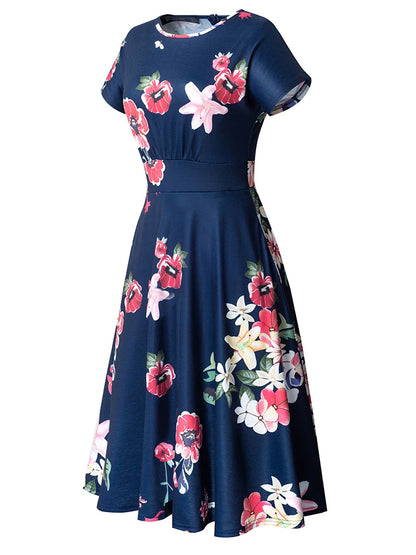 Nice-forever Vintage Elegante Blumen Druck Plissee Rundhals vestidos A-Line Pinup Business Party Frauen Flare Swing Kleid A102