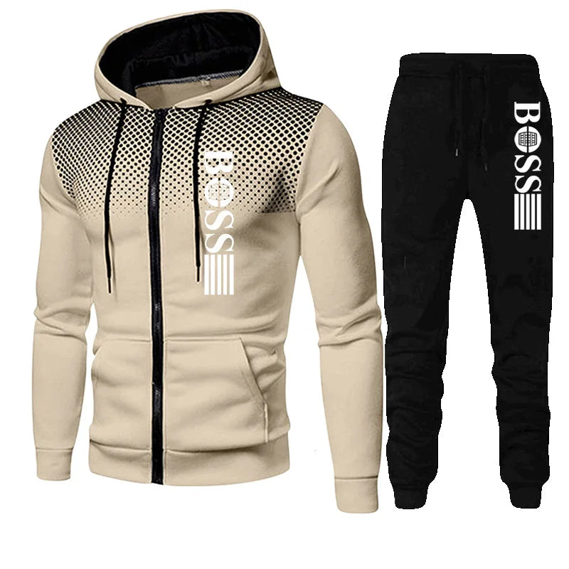2025 New Men's zippered hoodie + Casual Pants Set for Autumn and Winter fashion Fitness and Warm sportswear Two-piece set.