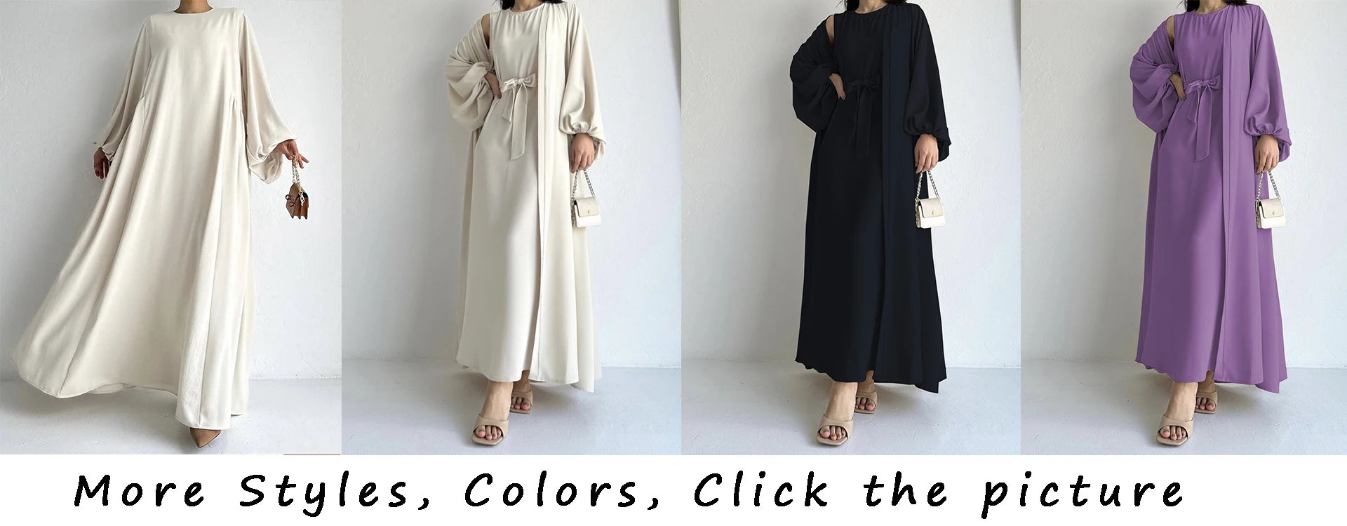 Abaya Ramadan Solid Bishop Sleeve Kebaya Kaftan, Elegant Crew Neck Maxi Length Dress,  Islam Abayas For Women.