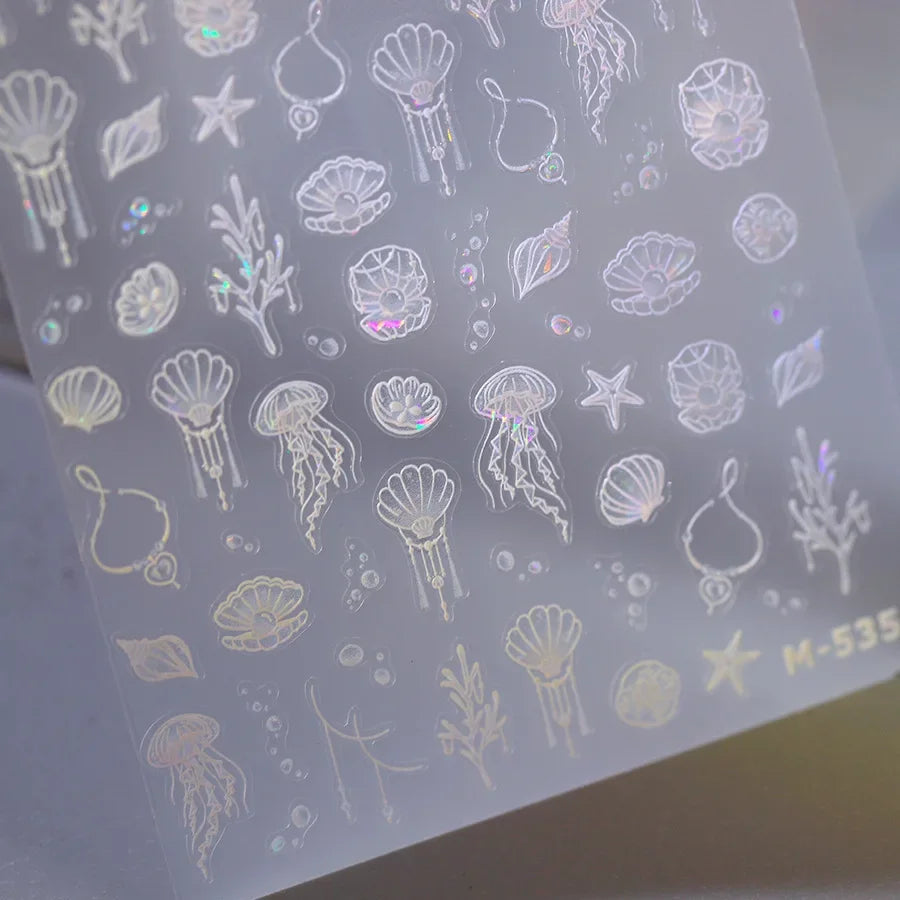 Ocean Theme 5D Nail Sticker Summer Beach Seashells Starfish Conch Scallop Shell Coral Self Adhesive Decoration Manicure Decal