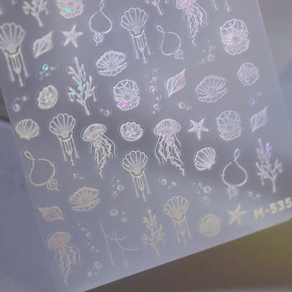 Ocean Theme 5D Nail Sticker Summer Beach Seashells Starfish Conch Scallop Shell Coral Self Adhesive Decoration Manicure Decal