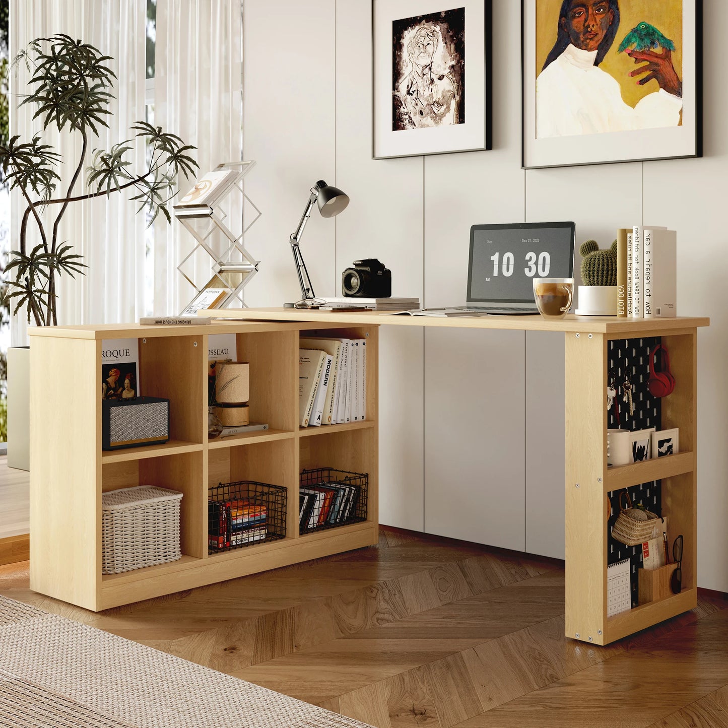 140 x 104 x 75 cm, multifunktionaler Büroschreibtisch, sechsfacher Aufbewahrungsschrank + Regal, super langlebig, austauschbare Form, natürlich