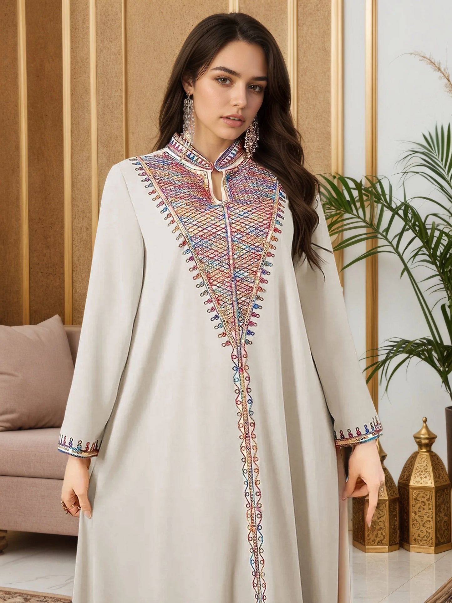 Trendy Muslim Abaya in Deep Blue Adorned with Intricate Multicolored Embroidery for Arabian Social Galas Modest Islam Fashion.