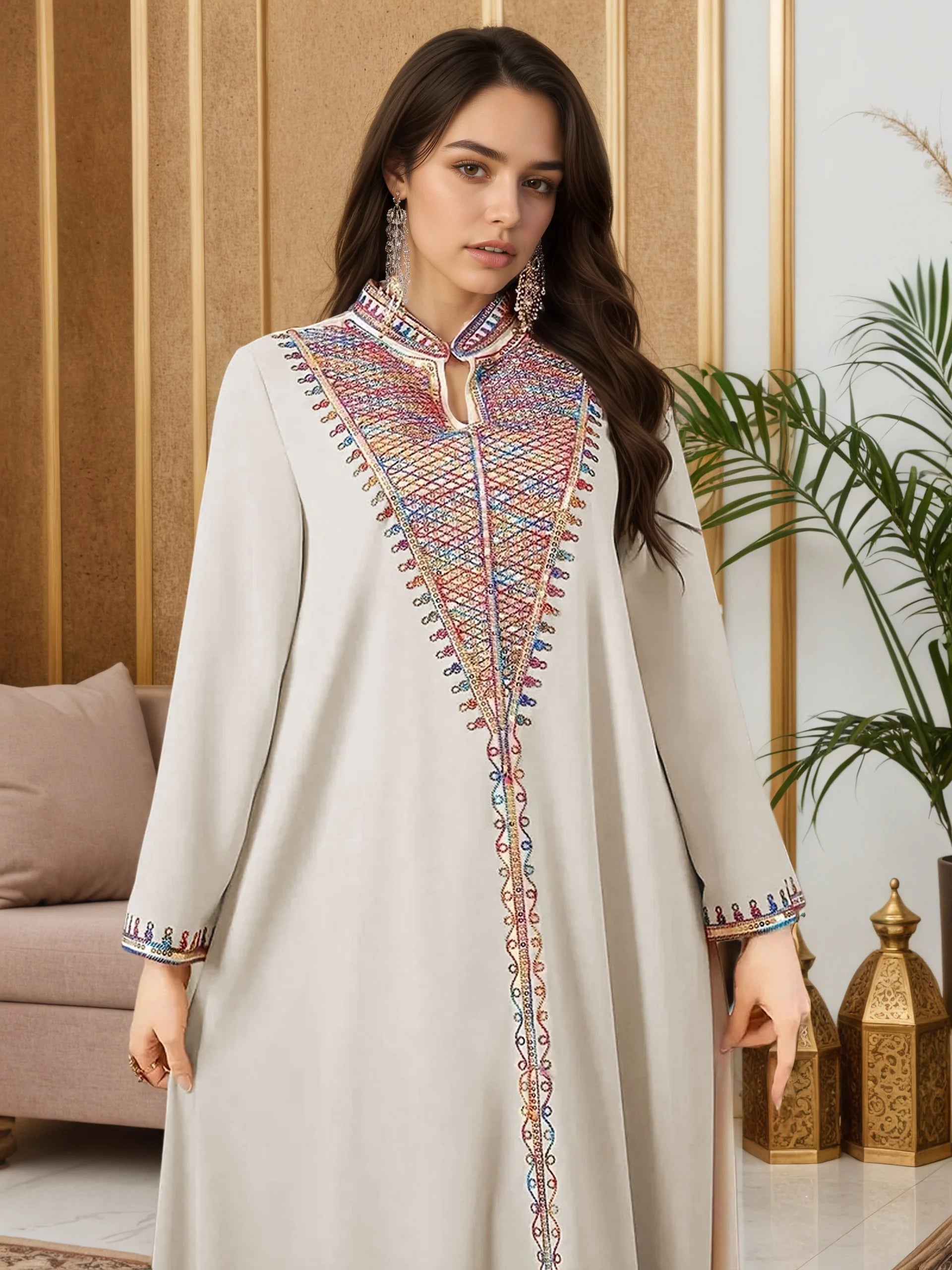 Trendy Muslim Abaya in Deep Blue Adorned with Intricate Multicolored Embroidery for Arabian Social Galas Modest Islam Fashion.