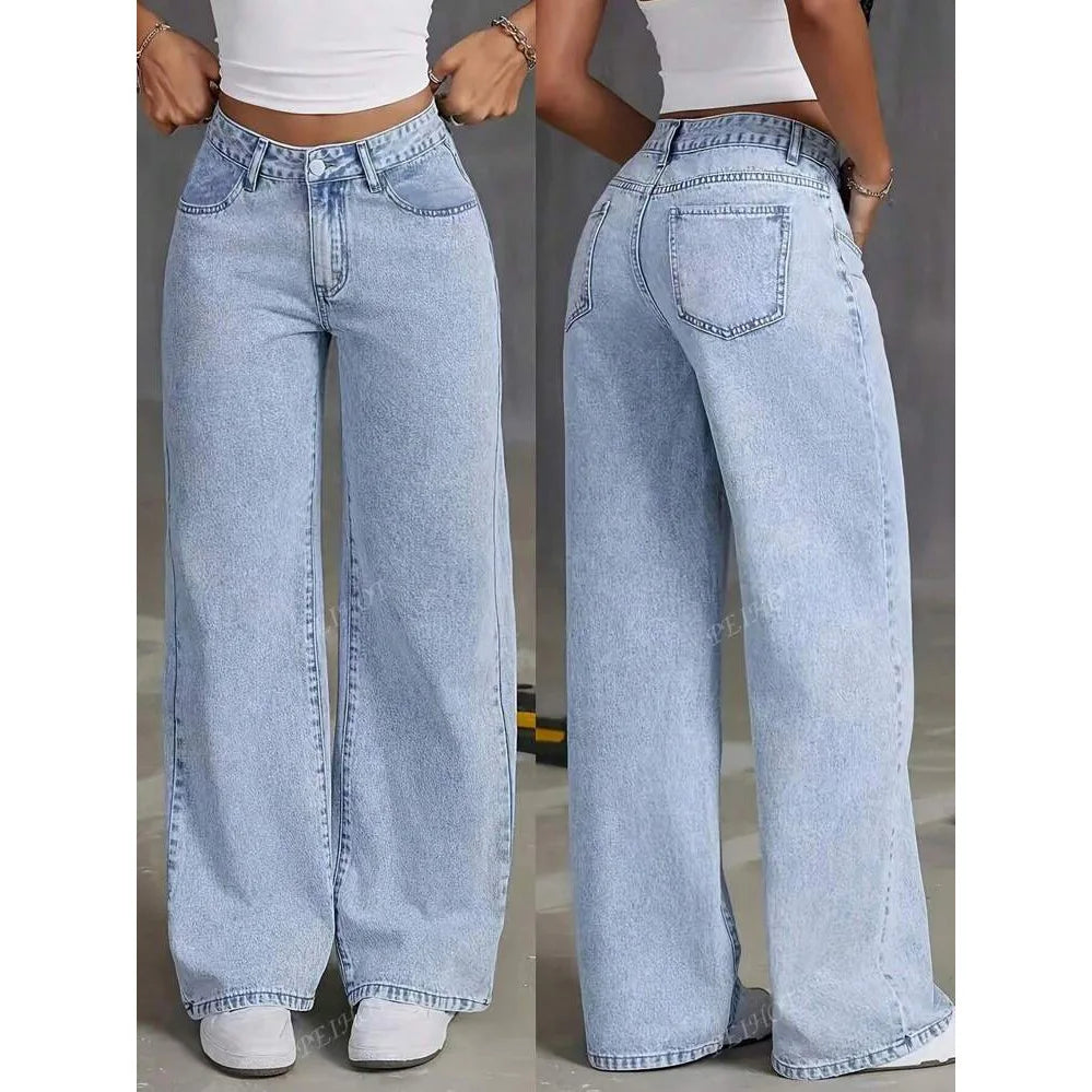 Denim Wide Leg Pants Women Jeans High Waist Straight Trousers Distressed Washed Pockets 2025 Loose Floor Length Streetwear.