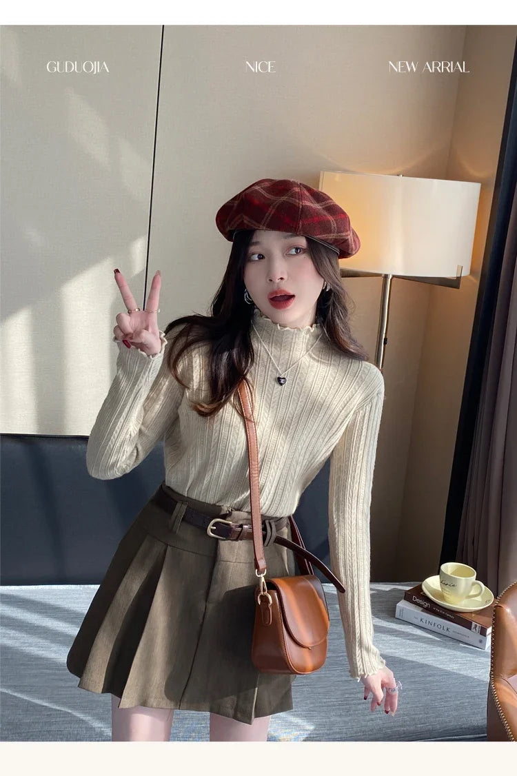 2025 Korea Geraffte Rollkragen Frauen Pullover Herbst Winter Warme Pullover Schlank Tops Gestrickte Pullover Jumper Weiche Pull Weibliche