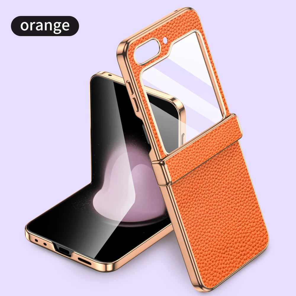 Cowhide Leather Phone Case for Samsung Galaxy Z Flip7 Flip6 Flip5 Flip 7 6 5 Luxury Hinge Protection Cover with Tempered Glass
