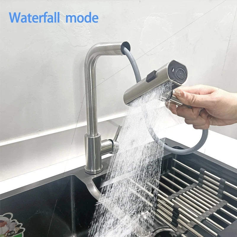 Black/Gray/Silver Pull-Out Kitchen Faucet Three Water Stream Sprayer Stainless Steel Hot and Cold Water Mixing Faucet Countertop