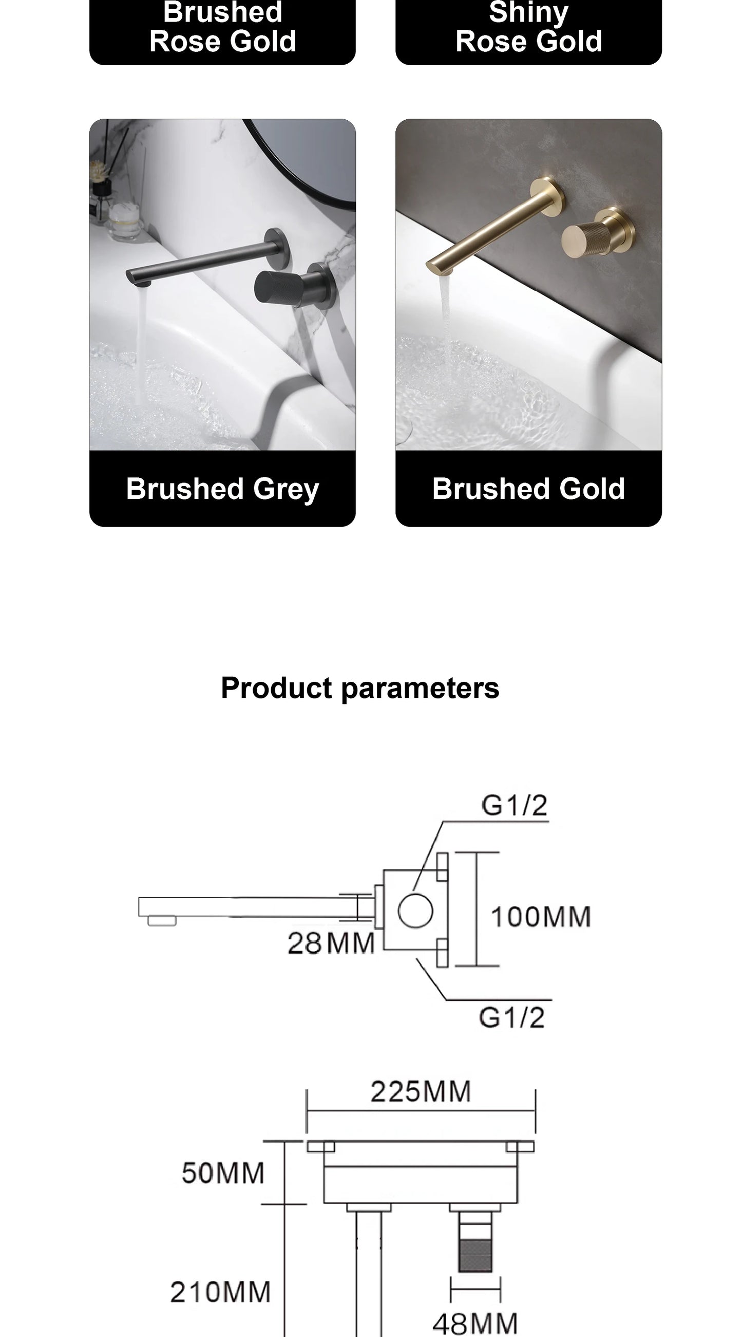 Luxury brushed gold brass wall mounted adjustable water volume bathroom faucet Embedded design for hot and cold water basin Tap