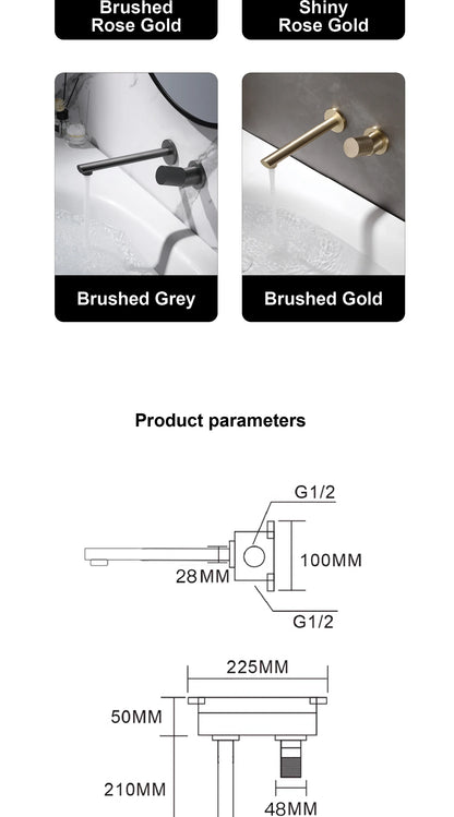 Luxury brushed gold brass wall mounted adjustable water volume bathroom faucet Embedded design for hot and cold water basin Tap