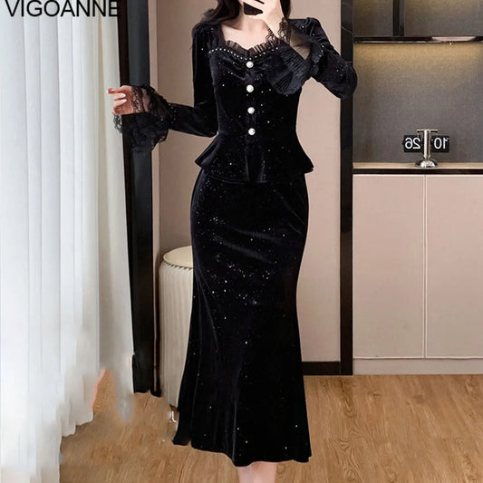 VigoAnne 2025 Black Long Sleeve Top And High Waist Korean Skirt 2 Piece Sets Woman Spring Autumn Velvet Long Dress Suit Ladies.