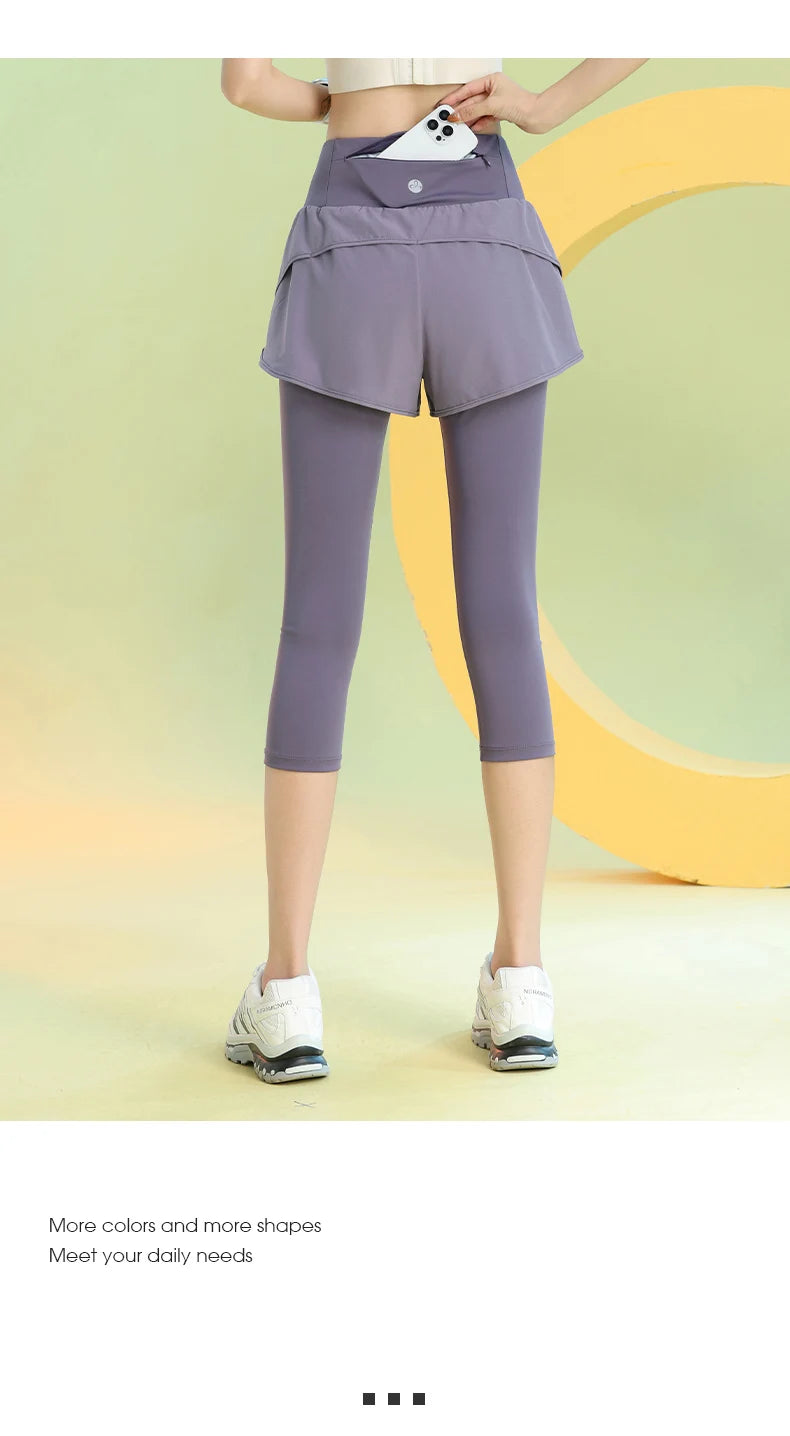 PHIGEER Women 2 in 1 Yoga Capri Pants Summer Lightweight Workout Tights With Pockets High Waist Running Gym Legging Activewears.