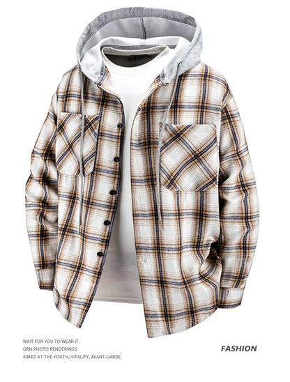 Hooded men's and women's wearable plaid shirts, Japanese shirt jackets for spring and fall, loose-fitting long-sleeve jackets..