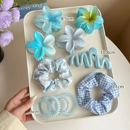 11pcs/Set Fashion Plumeria Hawaiian Hair Clamps Set Colorful Elastic Flowers Hair Clips Rubber Band Hair Rope Hair Accessories.