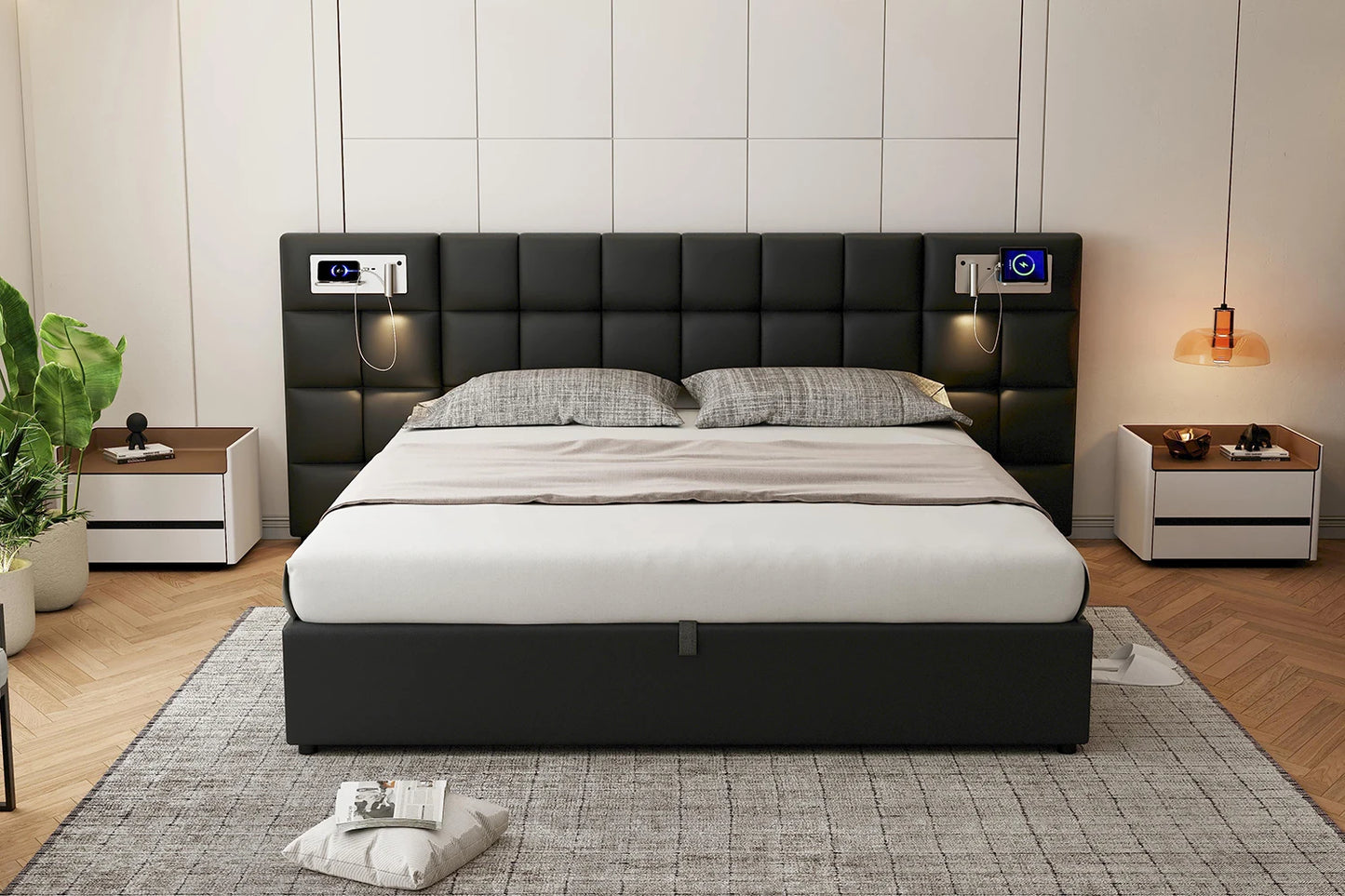 Polsterbett 180 x 200 cm, hydraulisches Bett, mit USB-Anschluss, kabelloses Laden und beleuchteter Lampe, mit Stauraum