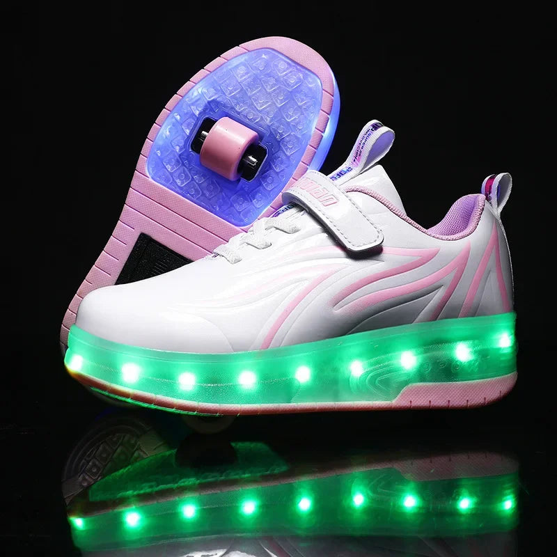 YUNICUS Led Light Boys Girls Shoe USB Charging Black Two Wheels Luminous Sneakers Roller Skate Shoes for Children Kids Led Shoes