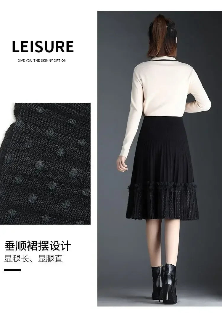 Korean Fashion Autumn Winter Women Solid Elastic High Waist Lace Patchwork Simplicity Mid-length A-line Pleated Knitted Skirt.