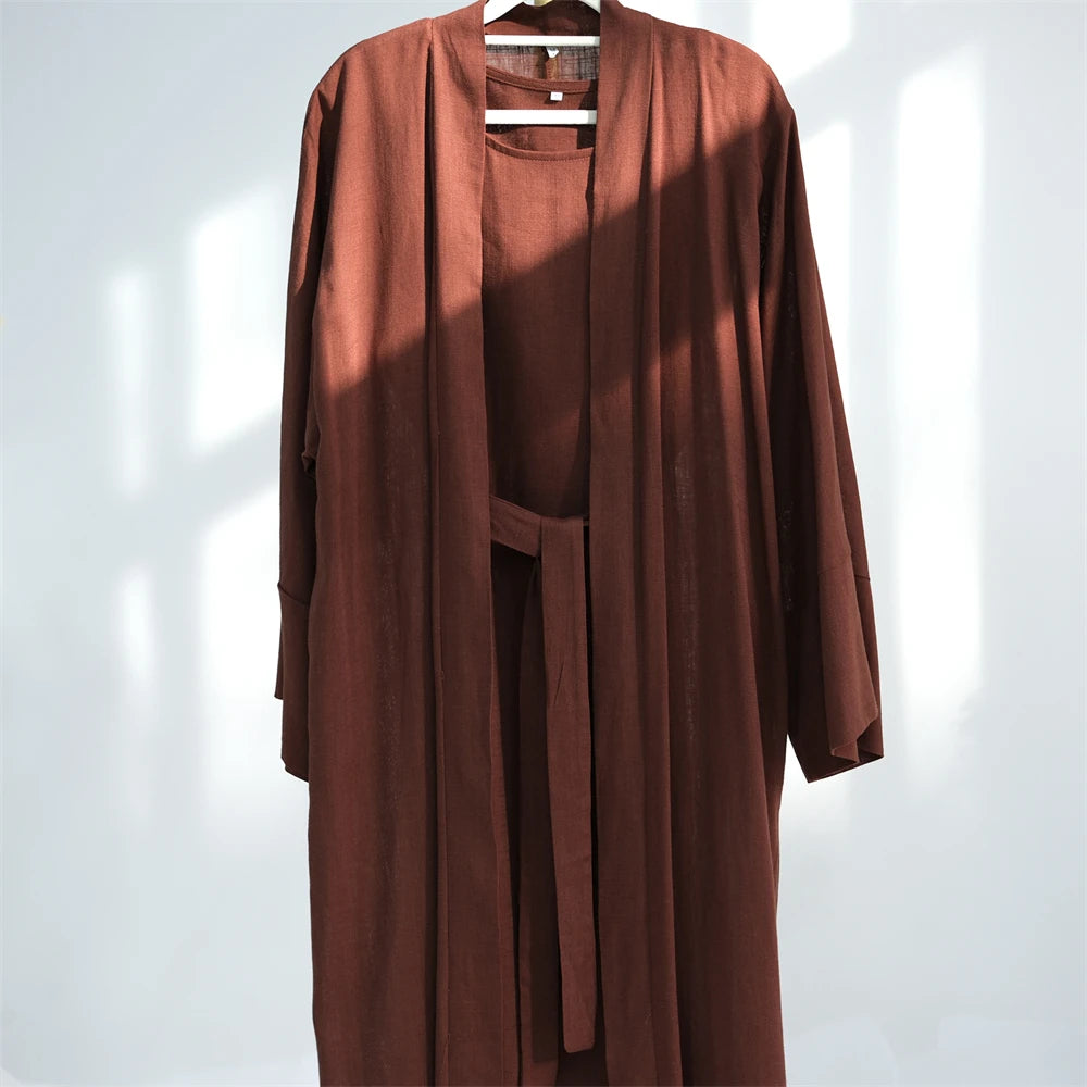 Eid Summer Cotton Linen Kimono Coat Dubai Open Abaya 2024 Muslim for Women Set Retro Kaftan Modest Dresses Islam Clothing Kebaya