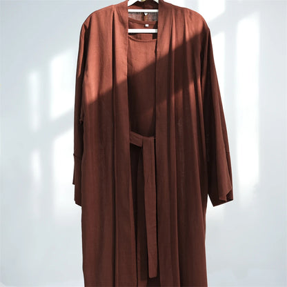 Eid Summer Cotton Linen Kimono Coat Dubai Open Abaya 2024 Muslim for Women Set Retro Kaftan Modest Dresses Islam Clothing Kebaya
