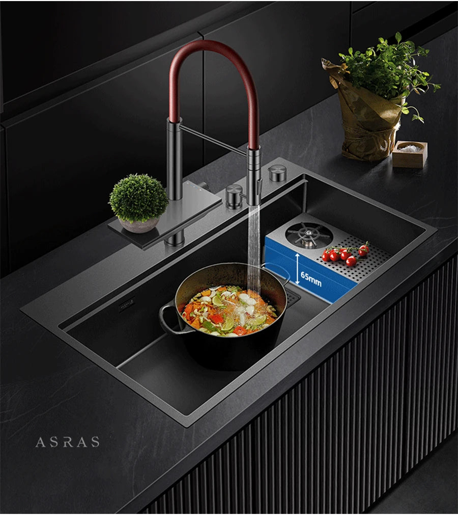 ASRAS New Waterfall Faucet Kitchen Sinks Nanometer Large Size 4mm Panel Handmade Sinks Cup Rinser Kitchen Sinks