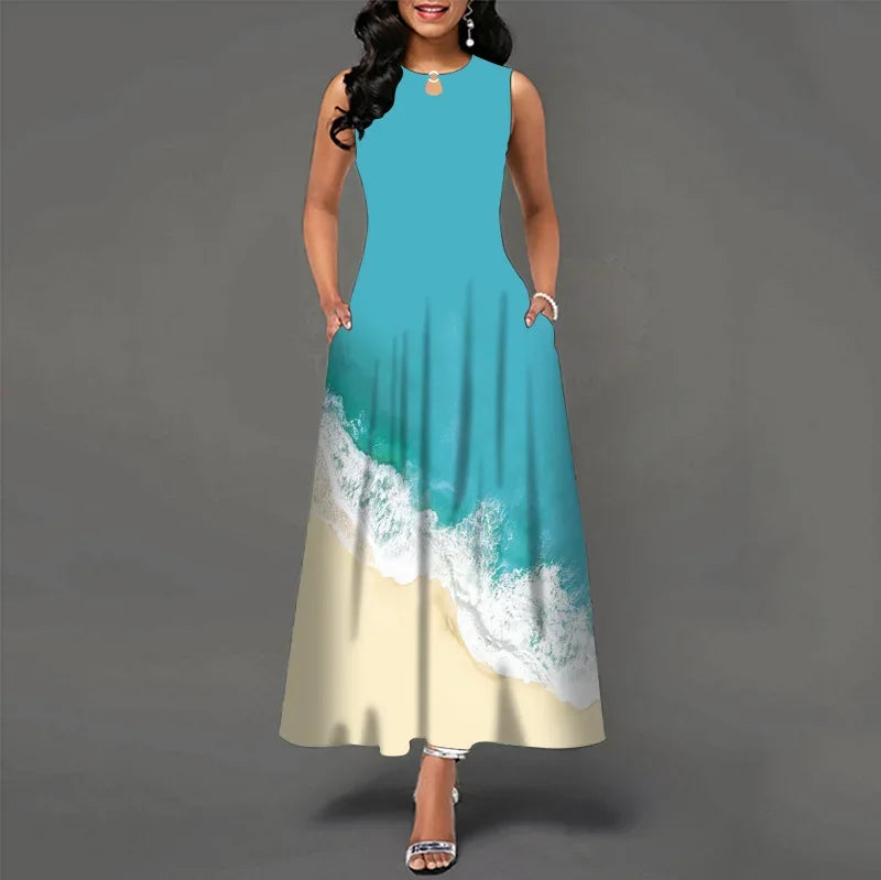 Blumendruck Neues lässiges ärmelloses langes Kleid Damen V-Ausschnitt bedrucktes Kleid Swing Bohemian Retro Kleider