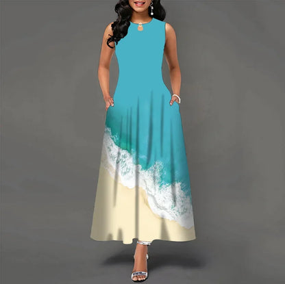 Blumendruck Neues lässiges ärmelloses langes Kleid Damen V-Ausschnitt bedrucktes Kleid Swing Bohemian Retro Kleider