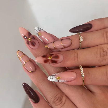 24pcs Women'S Nail Set Burgundy Almond Shape Medium Length Solid Color with Floral Golden Dust Design Fake Nails for Women/Girls