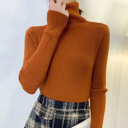 Frauen einfarbig lange Ärmel Roll kragen pullover Strick pullover grundlegende weiche Pullover einfache elegante Mode neu