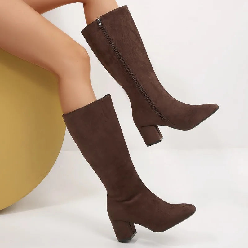 Women Boots Autumn Winter Elastic Slimming Knee-High Boots Fashion Pointed Toe Thick Heel Shoes Woman Side Zipper Casual Botas.