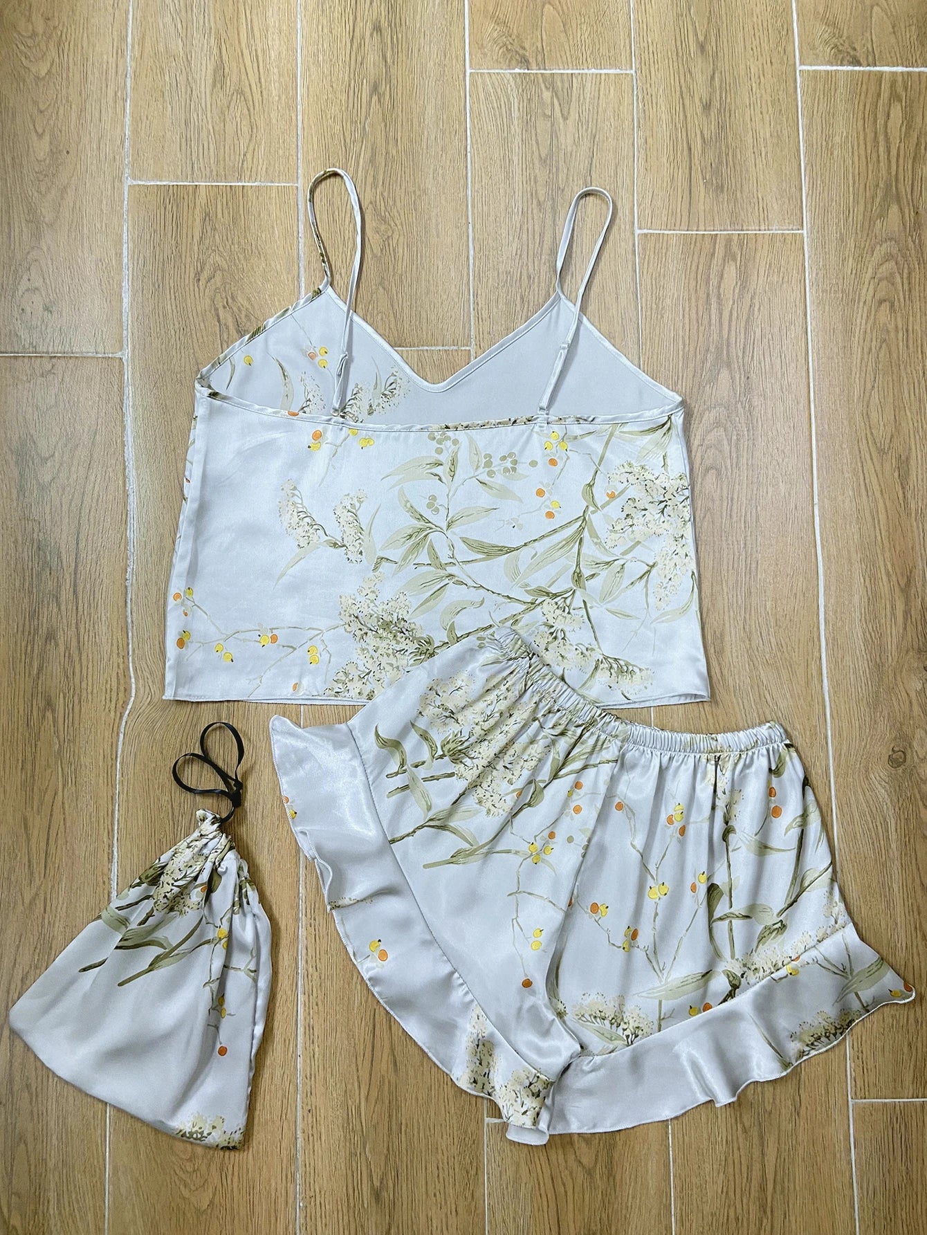 Elegante Cami-Tops mit Blumendruck, Rüschensaum, Shorts, Pyjama-Set, Damen-Nachtwäsche, Loungewear.