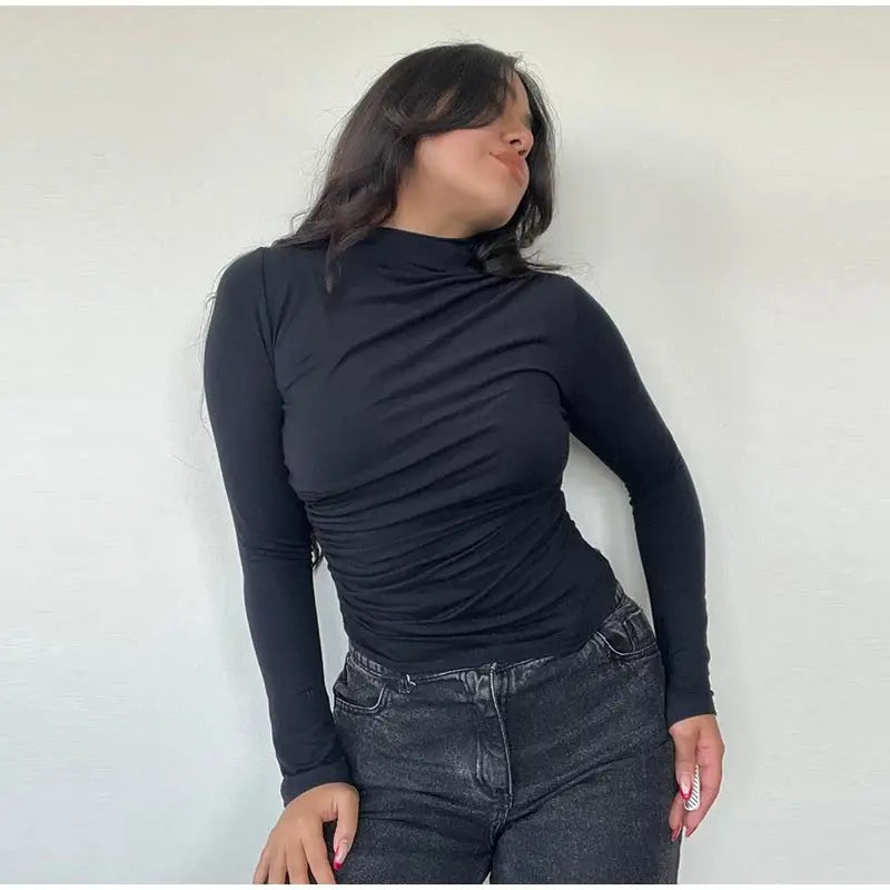 Turtleneck Women Tees Sexy Slim Long Sleeve Pleated All-match Basic Lady T-shirts Spring Autumn Fashion Chic Female Top 2025