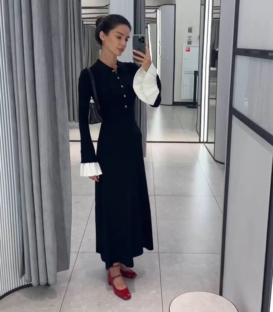 Tossy Weibliche Rüschen Strickwaren Langes Kleid Mode Patchwork Schlank Kontrast Revers Casual Party Kleid Kleid frauen Stricken Maxi Kleid.