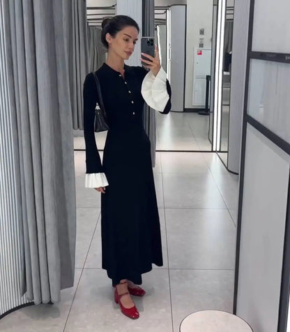 Tossy Weibliche Rüschen Strickwaren Langes Kleid Mode Patchwork Schlank Kontrast Revers Casual Party Kleid Kleid frauen Stricken Maxi Kleid.