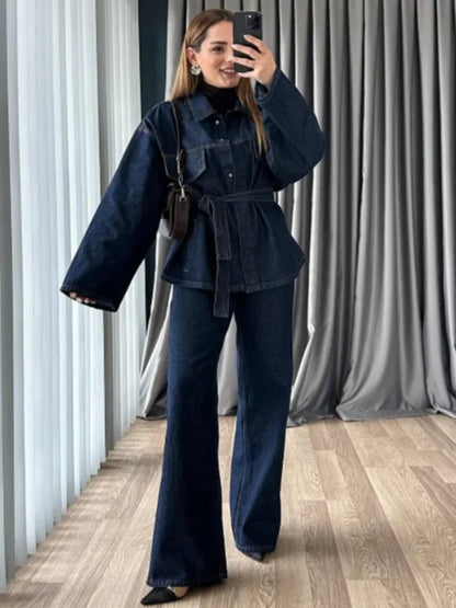 Retro Classic Denim Jacket Pants 2pcs Set Strap Coat Women Straight Leg Pants Autumn Stylish Women's Casual Suit.