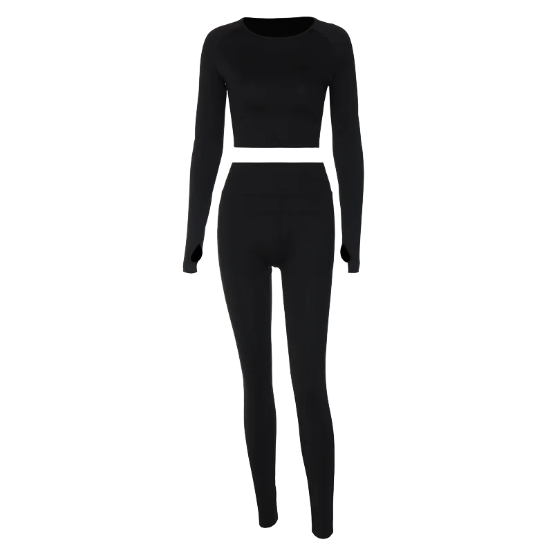 Hugcitar Pure Color Long Sleeve Crop T-Shirt Legging 2 Piece Matching Sets 2024 Spring Women Fashion Streetwear Sports Tracksuit.