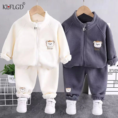 2025new winter girls plush set for boys casual sports two-piece set for baby toddler outdoor clothing sets.
