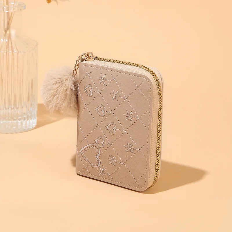 Women Fashion Zipper Wallet with Hairballs Simple Versatile Short Coin Purse Multi-Functional Multi-Card Slot Card Bag.