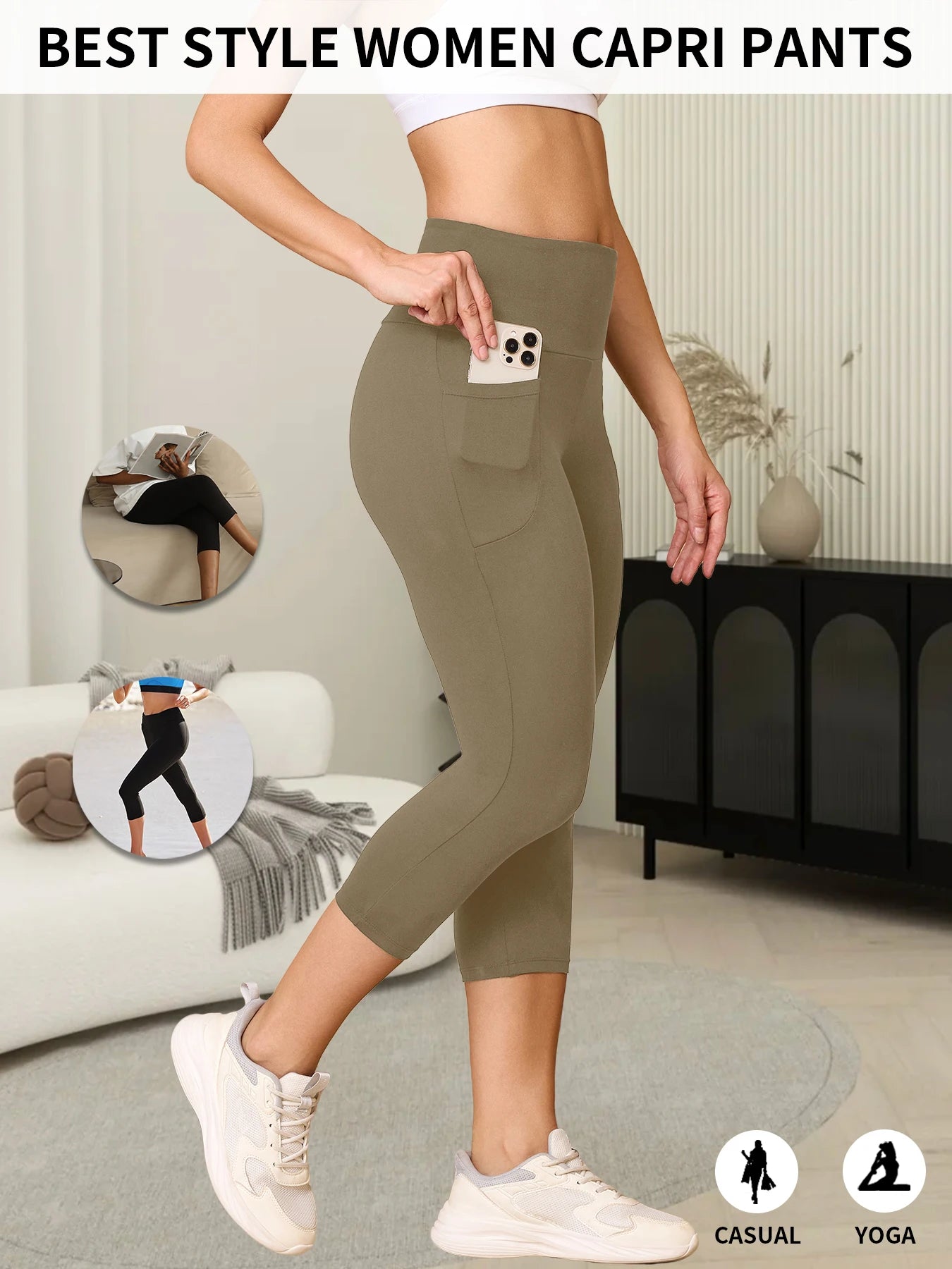 High Waisted capri pants For Women With Pockets Tummy Control No See Through Workout Running Yoga Athletic Push Up Gym Leggings.