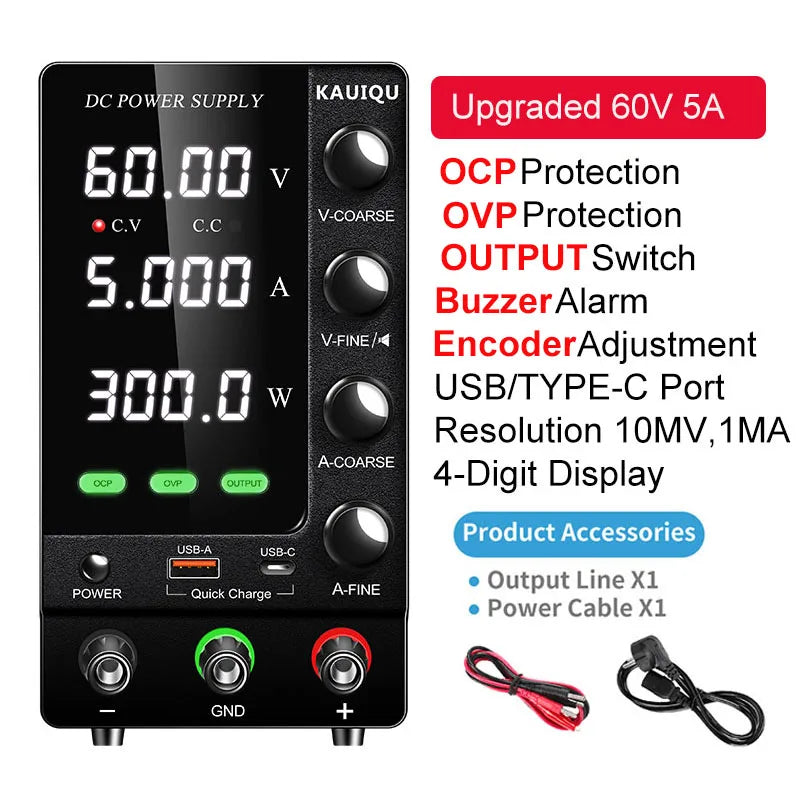 KUAIQU Upgrade Variable Adjustable Switching DC Power Supply 30V 10A Bench Power Supply 60V 5A,OCP OVP OUTPUT Switch, SPS-C3010S