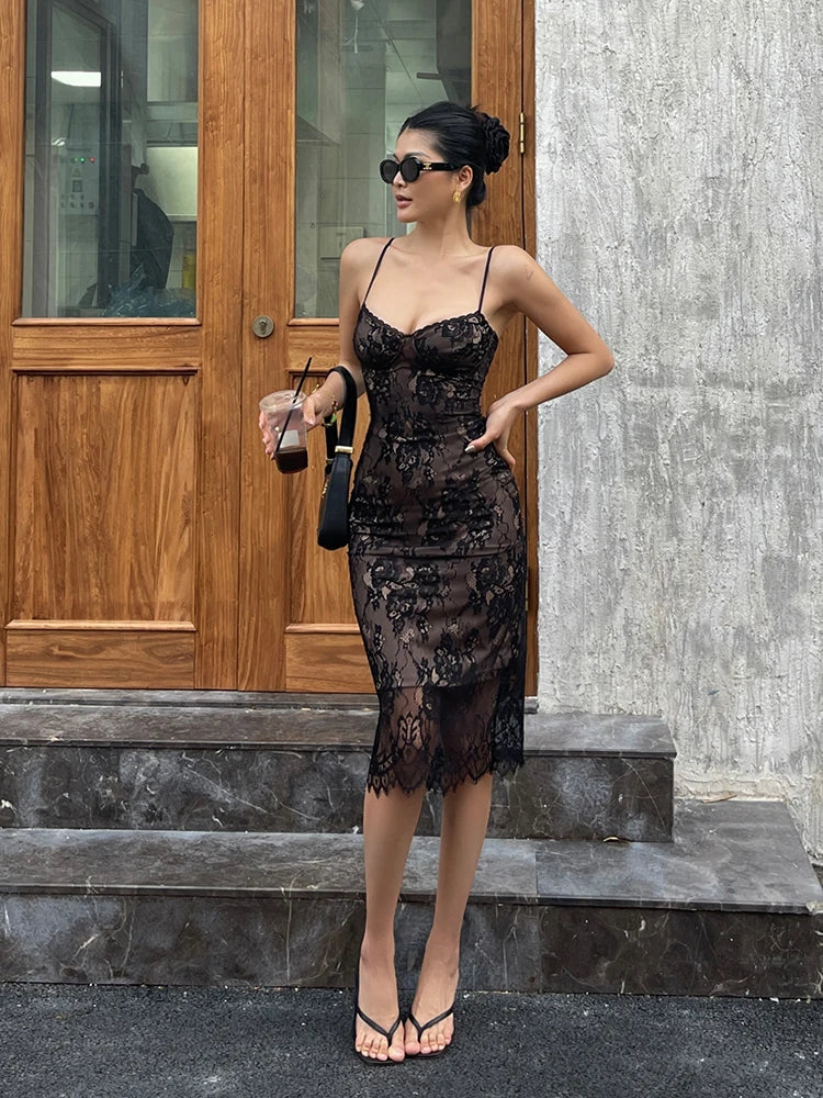 Sexy Spitzen riemen Kleid elegant für Frauen Sommer neue hohe Taille schlank gewickelt Hüfte mittellanges Kleid Mode Spitze süß 626x.